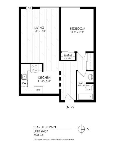 Floor plan for 1 bed, 1 bath, 625 sqft